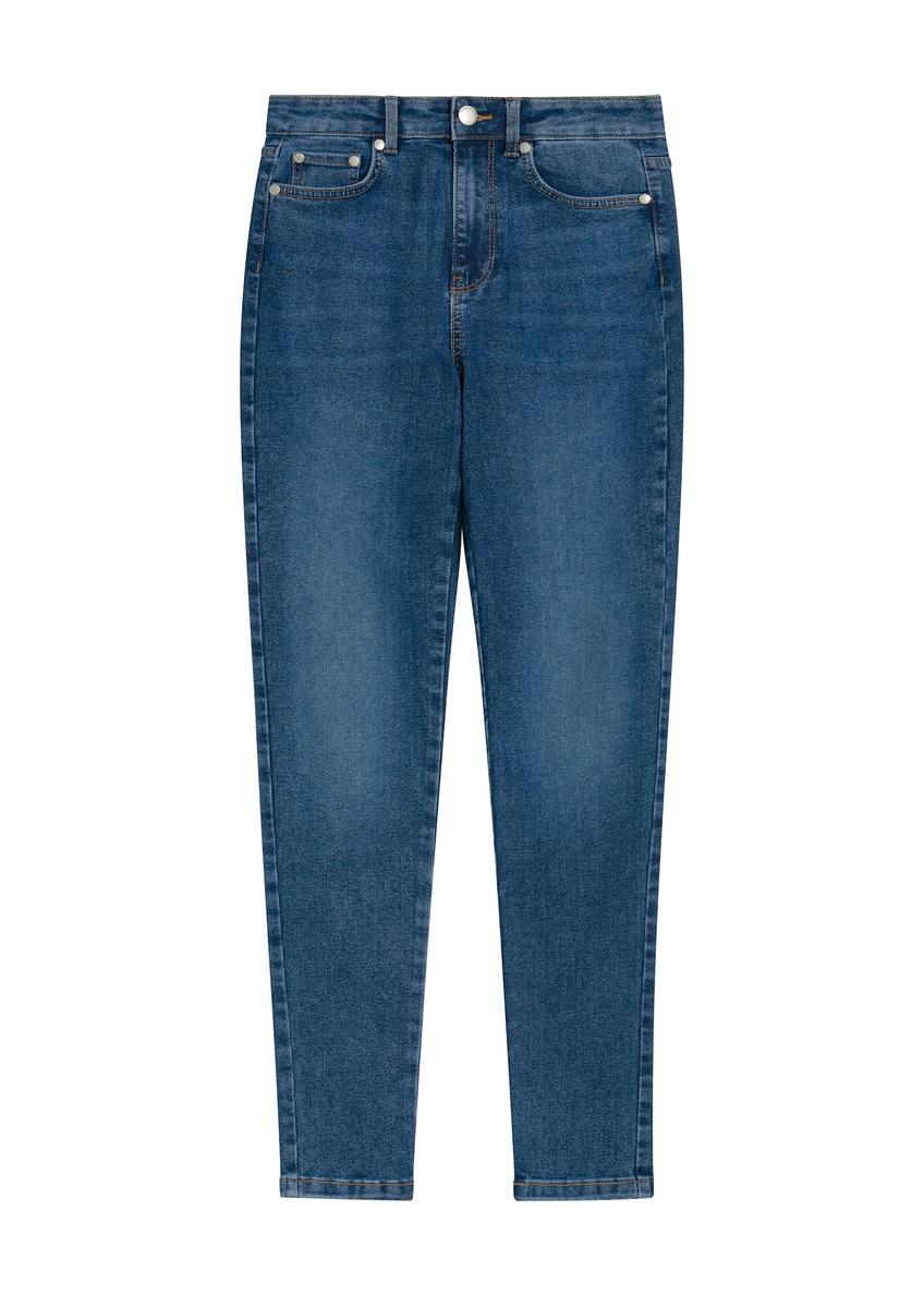 Niebieskie jeansowe spodnie damskie JEADT-0010A-61(Z25) - widok produktu z przodu na białym tle. 