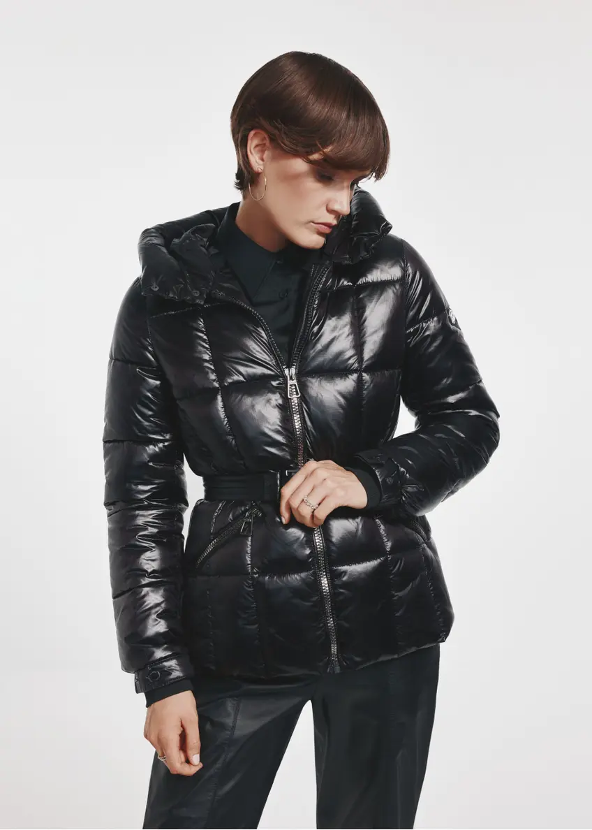 Black women's quilted jacket with belt KURDT-0539-99(Z24)