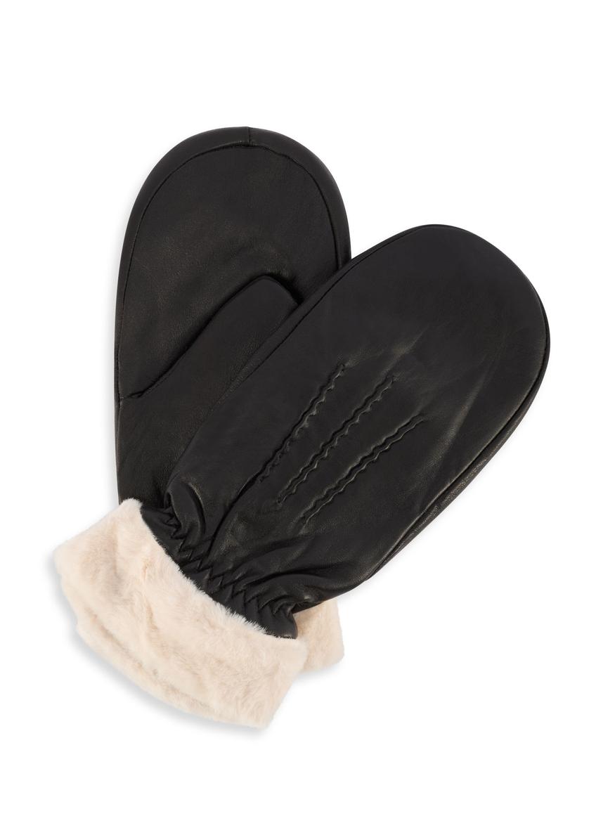 Czarne skórzane rękawiczki damskie z futerkiem REKDS-0095-99(Z26), widok produktu na białym tle.