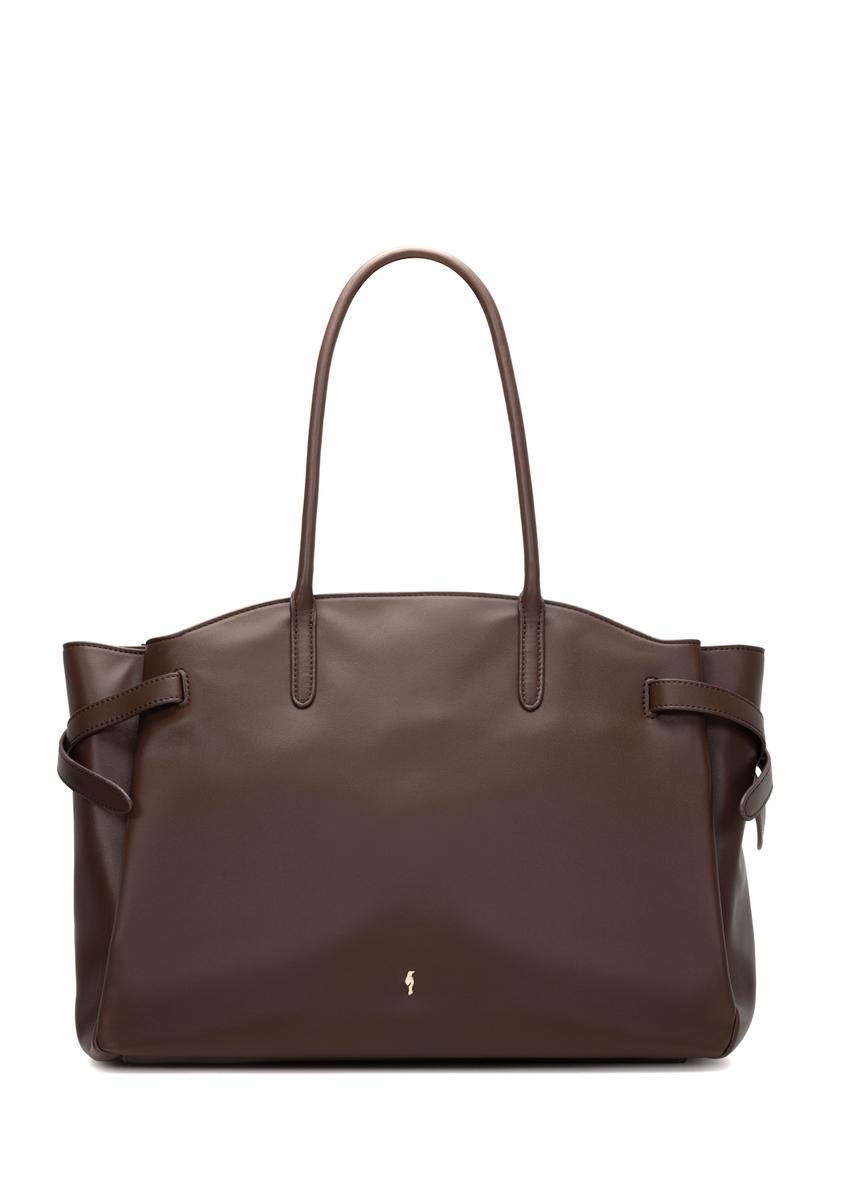 Duża brązowa torebka damska TOREC-1135-1H(W26), widok produktu z przodu na białym tle.