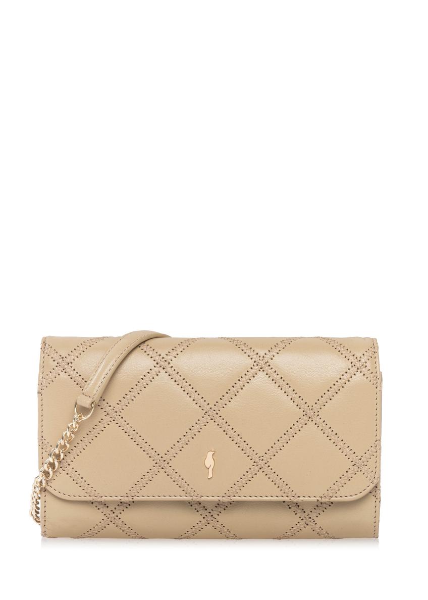 Mała beżowa skórzana torebka damska TORES-1043-1B(W26) - widok produktu z przodu, na białym tle. 