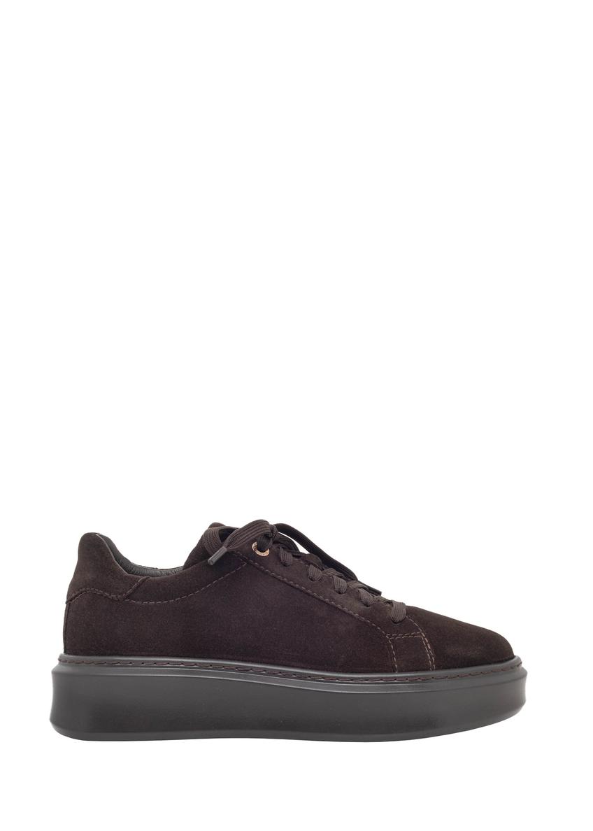 Zamszowe buty damskie w kolorze ciemnobrązowym BUTYD-1284-1I(Z26), widok produktu z boku na jasnym tle.