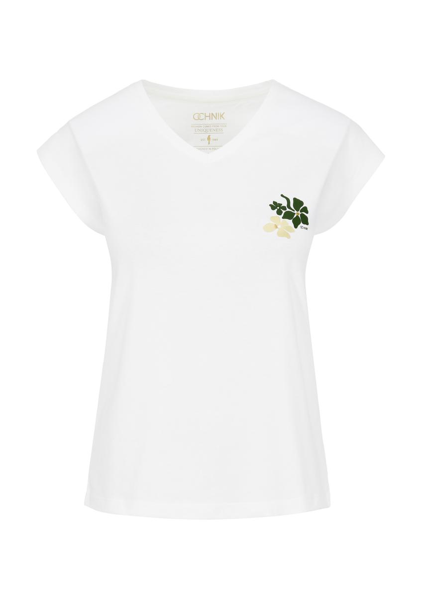 Kremowy bawełniany T-shirt damski TSHDT-0126-12(W24)-04