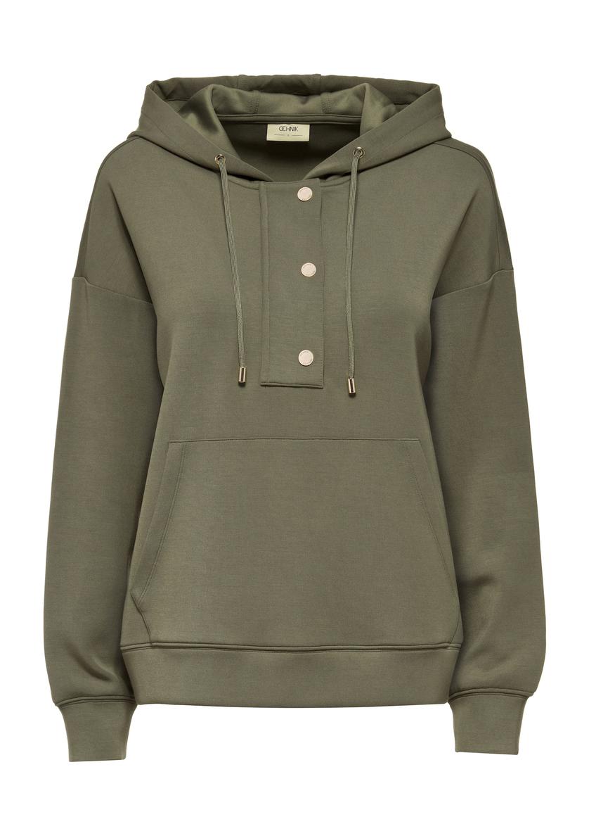 Bluza damska khaki z kapturem BLZDT-0111-55(W25), widok produktu z przodu na białym tle.