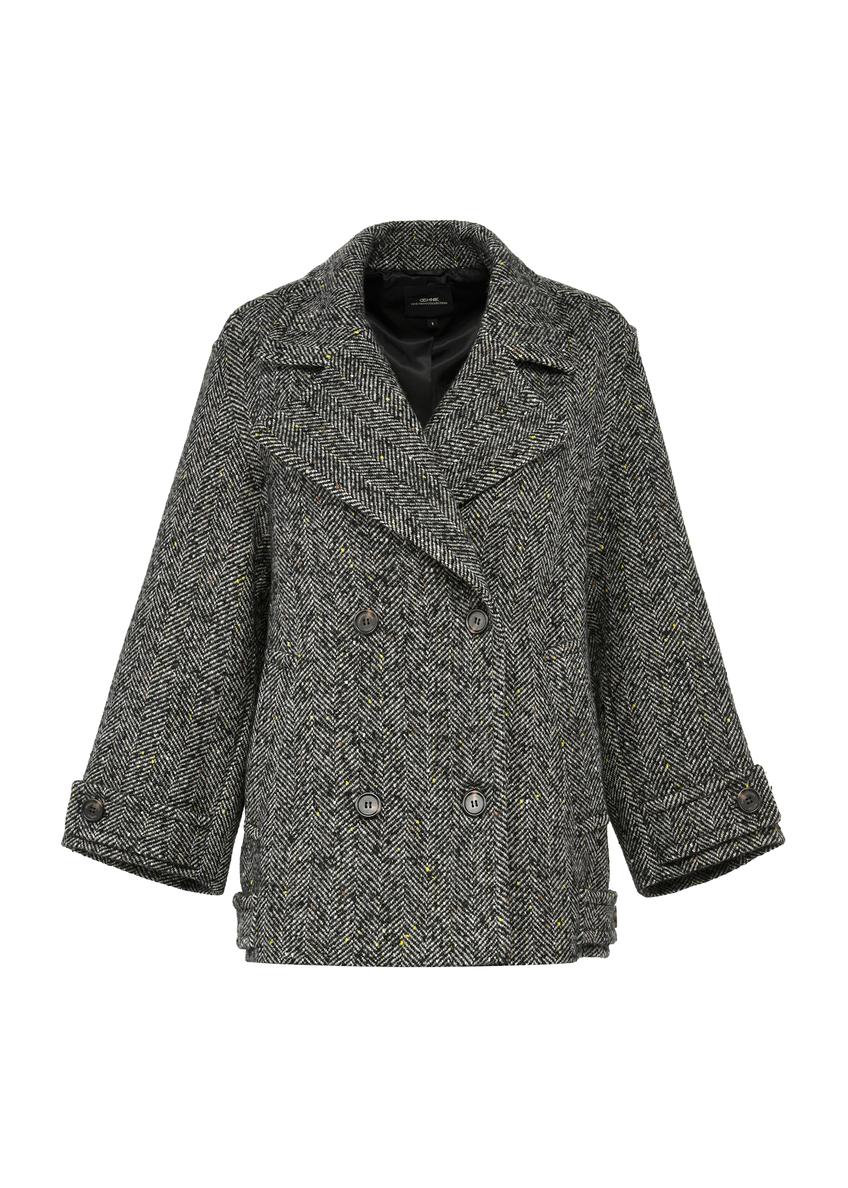 Szary krótki płaszcz damski PLADT-0062-91(Z25), widok produktu od przodu na białym tle.