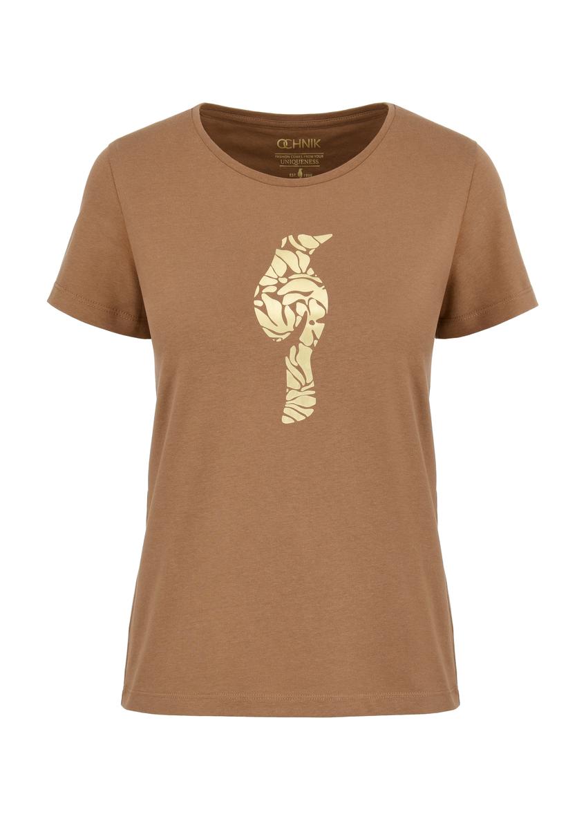 T-shirt damski w kolorze camel z wilgą TSHDT-0124-24(W24)-03