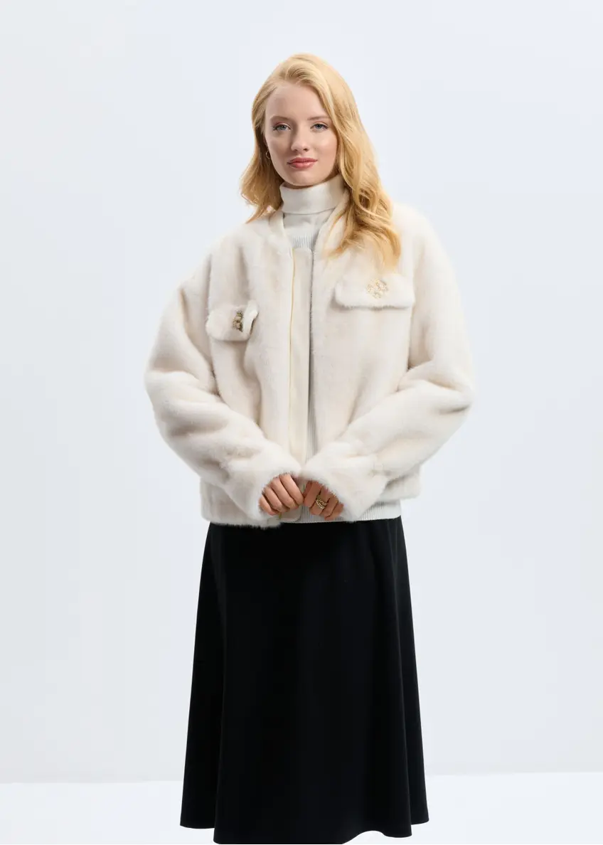 Cream women's fur coat FUTDP-0055-12(Z24)