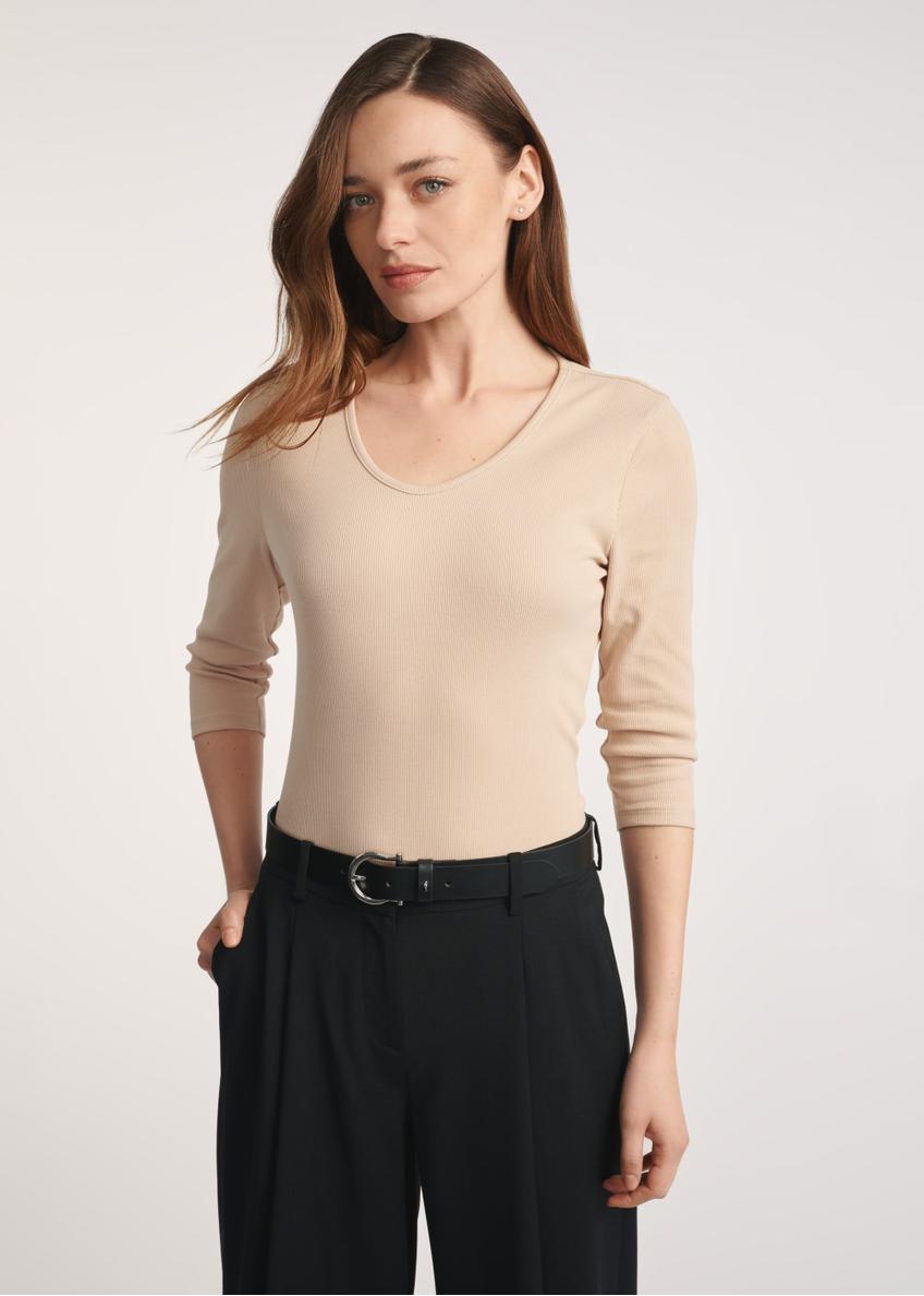Beżowa bluzka damska z dekoltem V-neck LSLDT-0036-1A(W26)