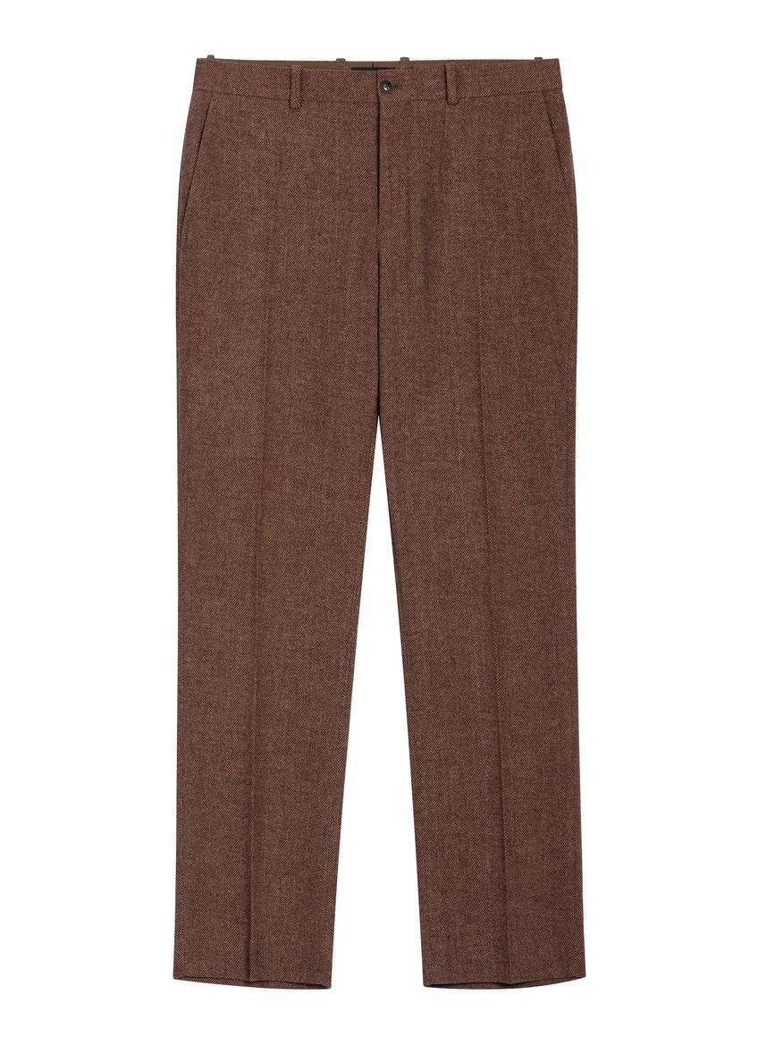 Brązowe eleganckie spodnie męskie z wełną SPOMT-0123-1I(Z26) - widok produktu z przodu, na białym tle. 