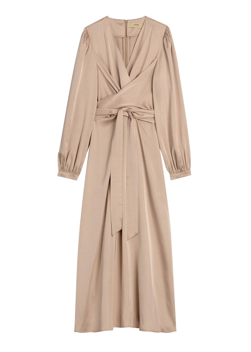 Beżowa sukienka midi SUKDT-0263-1B(W26) - widok produktu z przodu, na białym tle. 