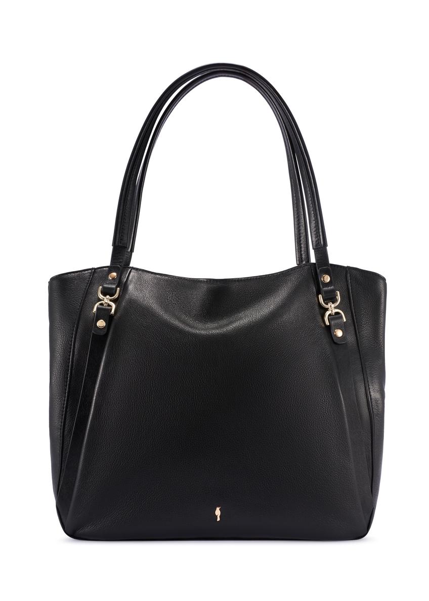 Czarna skórzana torebka shopper TORES-1223-99(W26), widok produktu z przodu na białym tle.