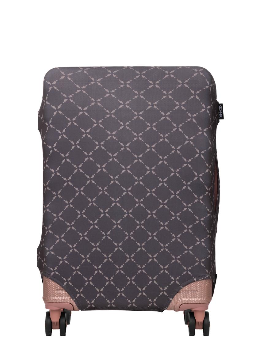 Brązowy pokrowiec na małą walizkę AW-013-0006-1P-S(W26), widok produktu z przodu na walizce.