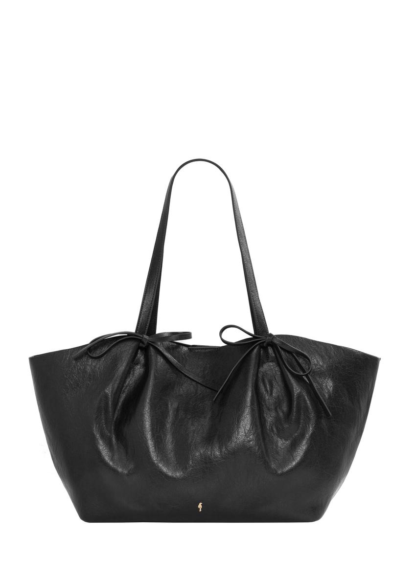 Czarna torebka z kokardkami typu shopper TOREC-1378-99(Z26), widok produktu z przodu na białym tle.