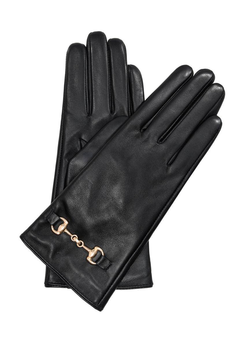 Czarne skórzane rękawiczki damskie z klamrą REKDS-0087-99(Z23)