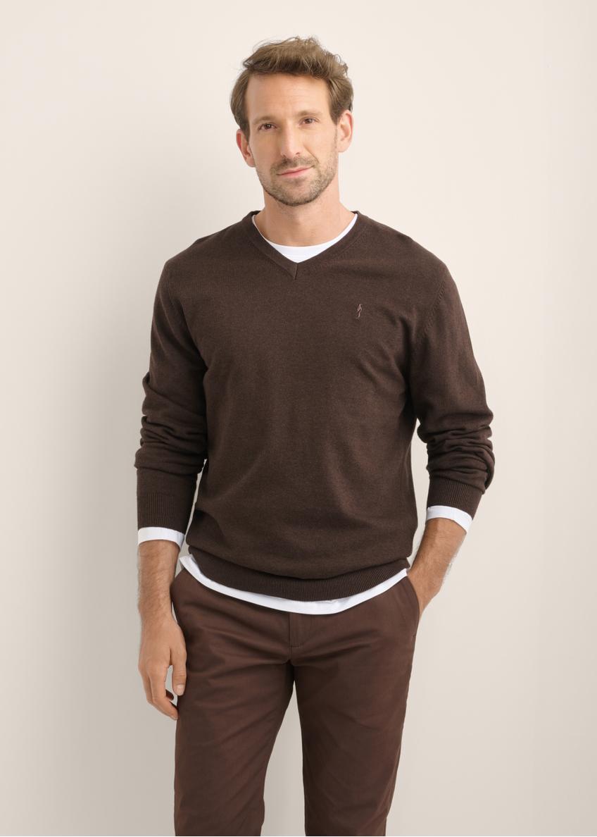 Ciemnobrązowy sweter męski z logo SWEMT-0159A-1I(Z26), widok produktu od przodu na modelu. Widoczna połowa sylwetki.