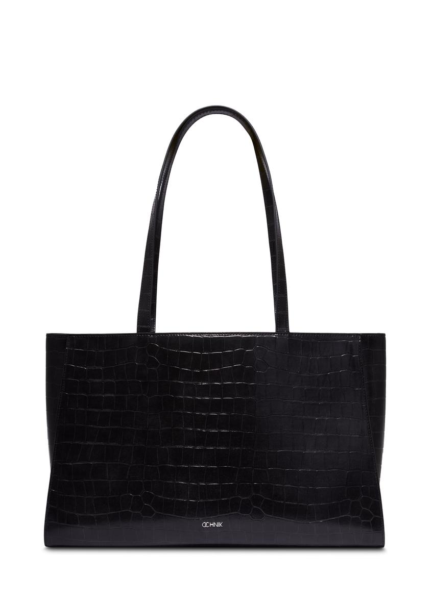 Czarna torebka shopper croco TOREC-1287-9G(Z26), widok produktu z przodu na białym tle.