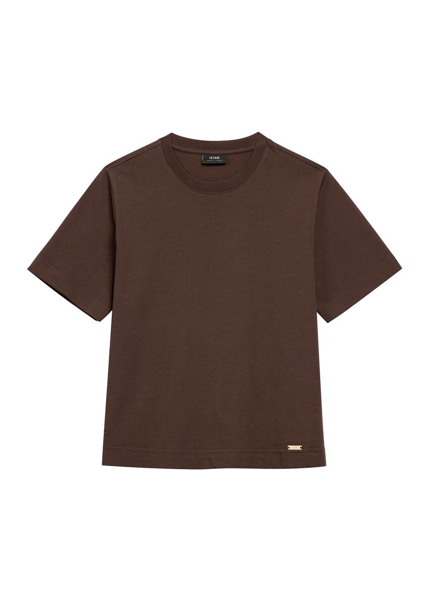 Bawełniany brązowy T-shirt damski TSHDT-0138-1I(W26)