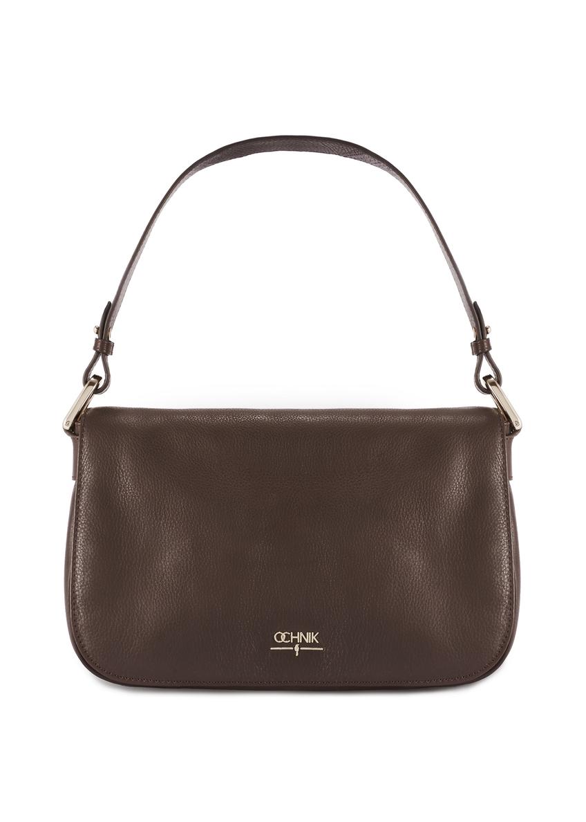 Brązowa skórzana listonoszka damska TORES-1253-1I(W26), widok produktu z przodu na białym tle.