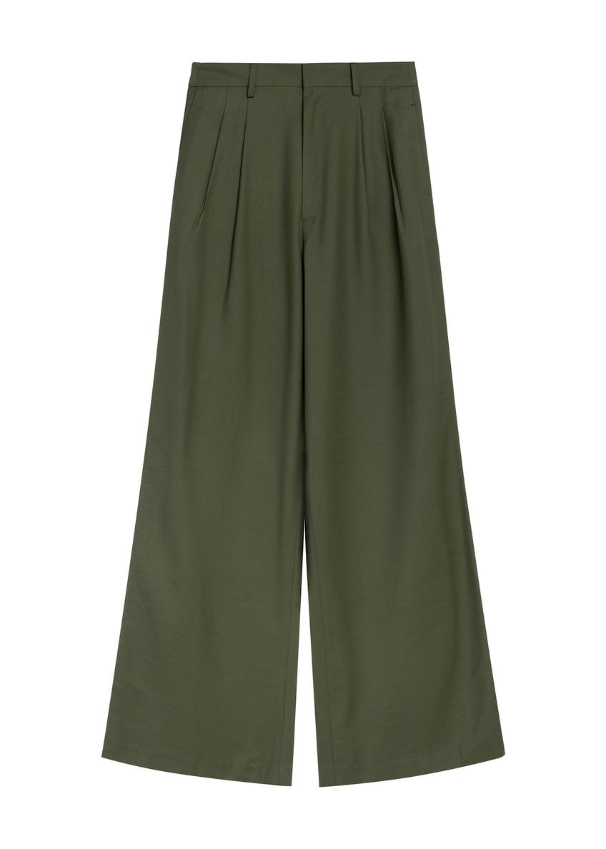 Spodnie damskie w kolorze khaki SPODT-0112-55(Z25), widok produktu z przodu na białym tle.