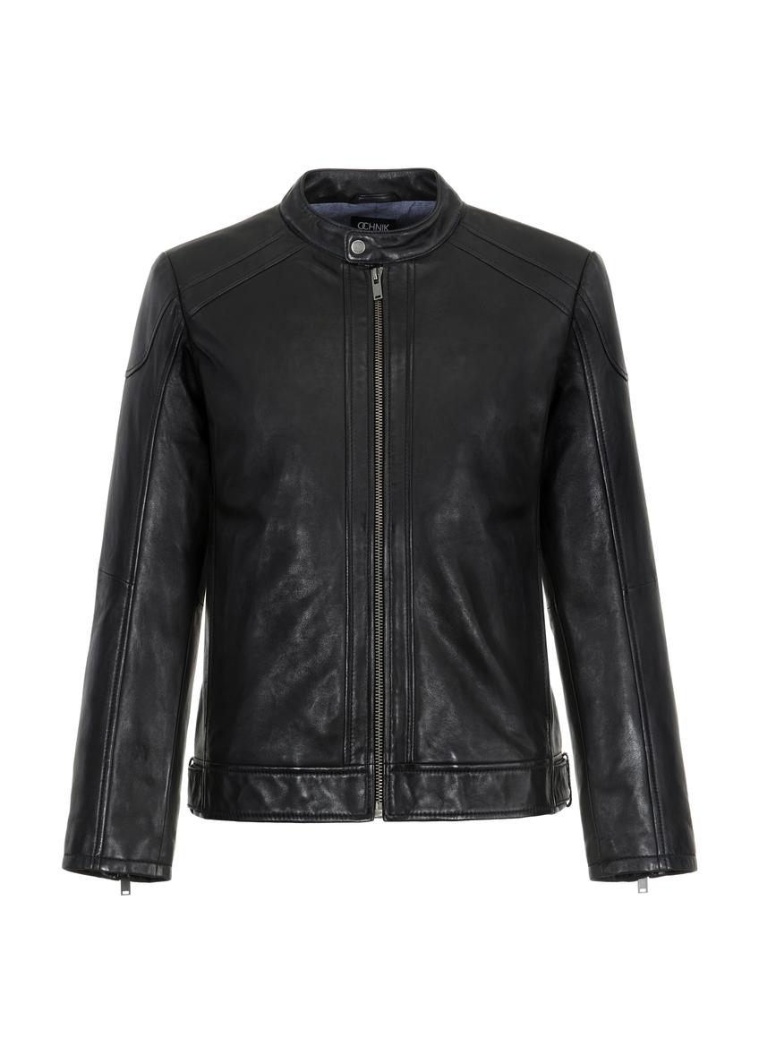 Men's black leather jacket with stand-up collar KURMS-0315-5427(Z24)