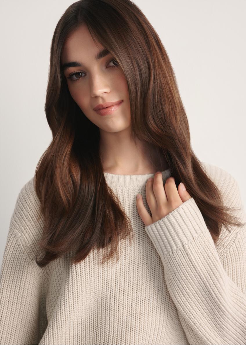 Beżowy sweter damski SWEDT-0238-81(Z25), zbliżenie produktu na modelce na jasnym tle.