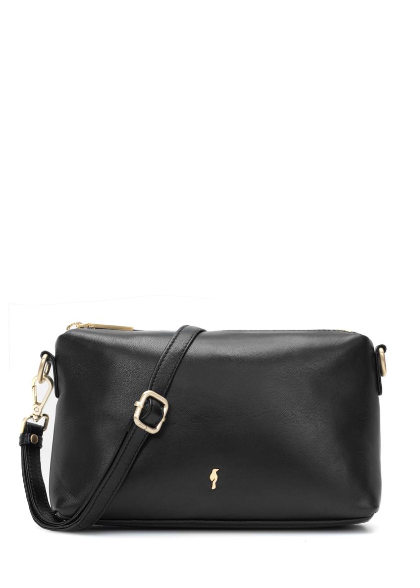 Czarna mała skórzana torebka damska TORES-1241-99(W26), widok produktu z przodu na białym tle.