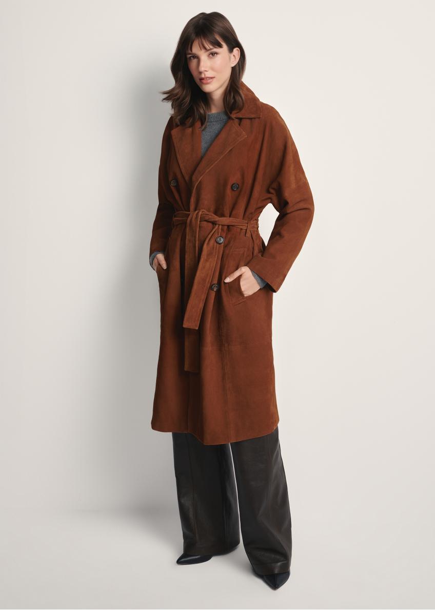 Brązowy zamszowy płaszcz damski oversize KURDS-0551-0775(Z25)
