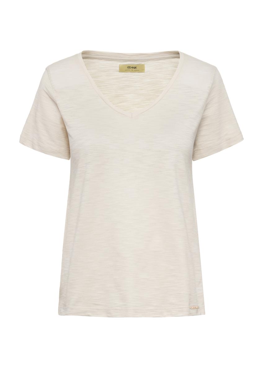 Bawełniany jasnobeżowy T-shirt damski TSHDT-0135-80(W25)-04