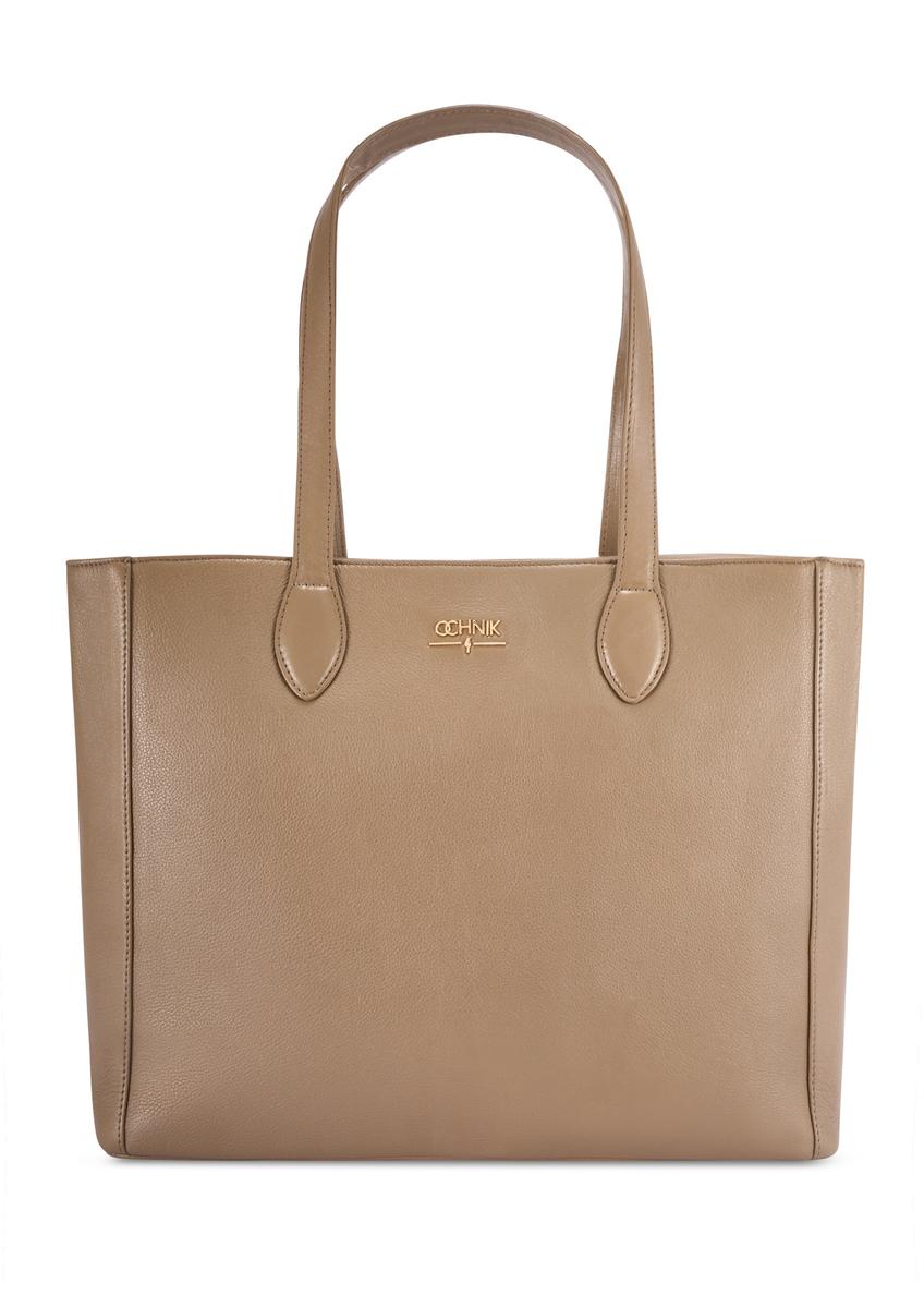 Ciemnobeżowa skórzana torebka shopper damska TORES-0971F-1K(W26) - widok produktu z przodu, na białym tle. 