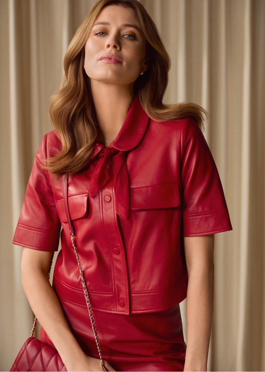 Czerwona skórzana koszula damska KOSDS-0007-4B(W26)