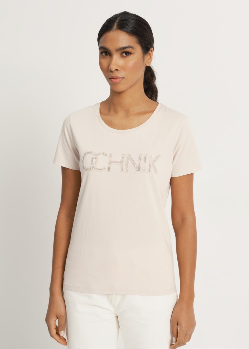 Beżowy T-shirt damski z monogramem TSHDT-0109-81(W23)-01