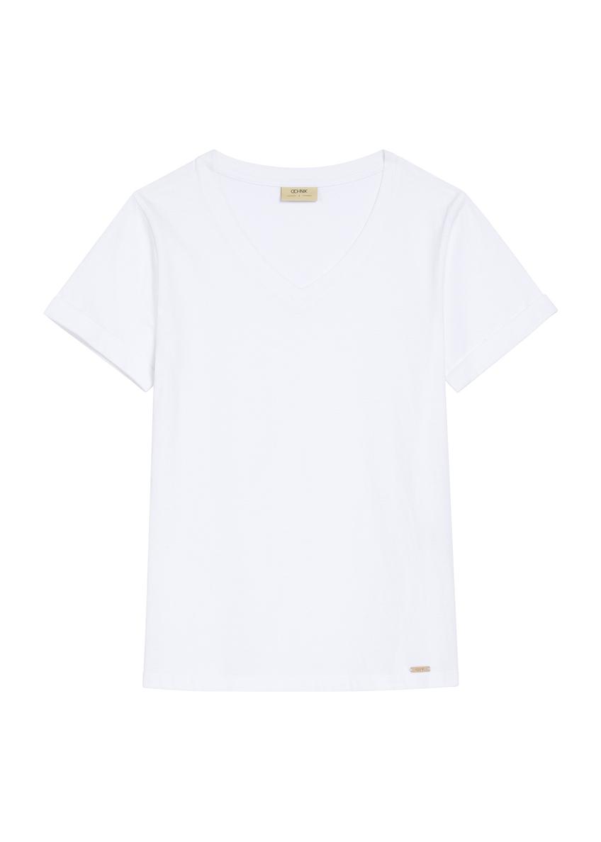 Biały T-shirt damski w serek TSHDT-0118A-11(Z25), widok produktu z przodu na białym tle.