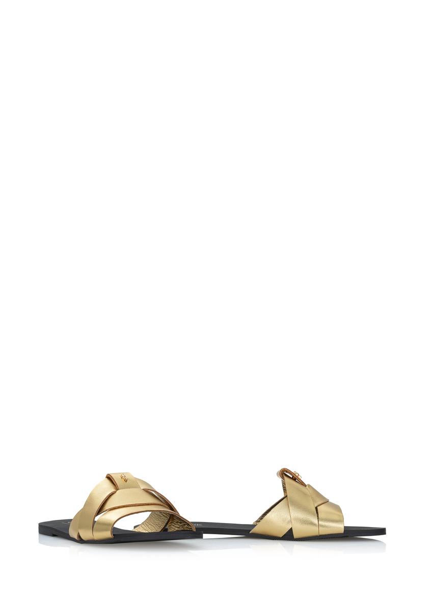 Złote skórzane klapki damskie z plecionką BUTYD-0903A-28(W24)
