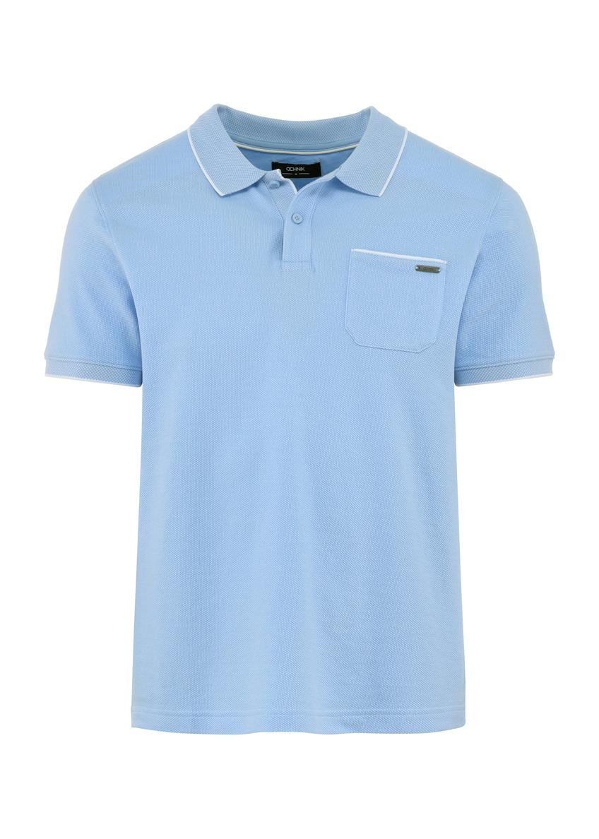 Błękitna koszulka polo z bawełny POLMT-0079-62(W25), widok produktu z przodu na białym tle.