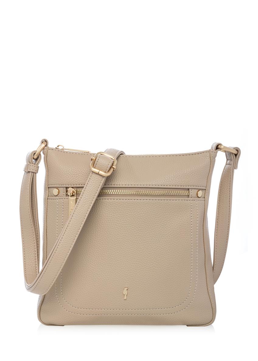 Beżowa listonoszka damska z imitacji skóry TOREC-1177-1B(W26), widok produktu z przodu na białym tle.