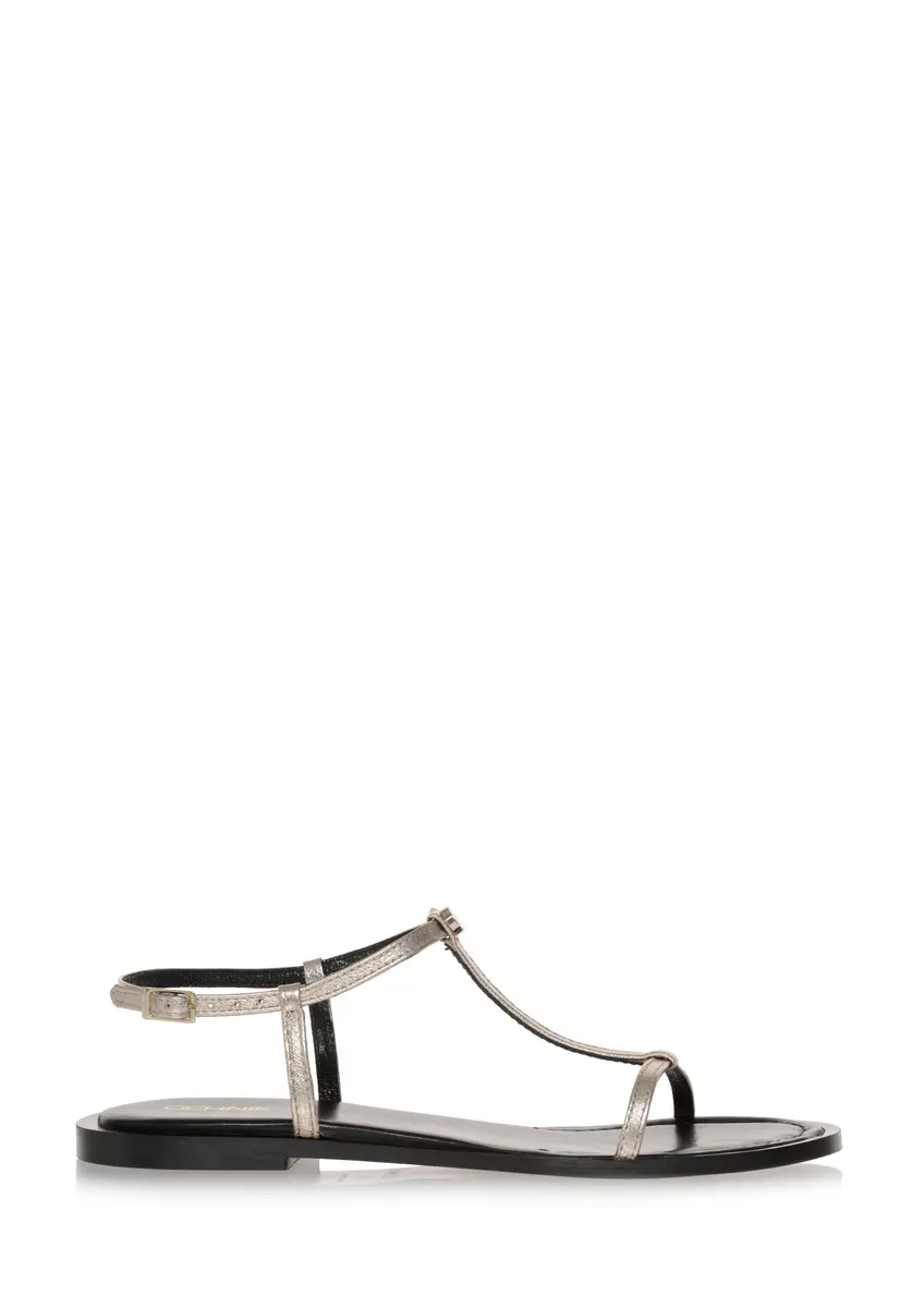 Metaliczne skórzane sandały płaskie damskie BUTYD-0999-93(W23)
