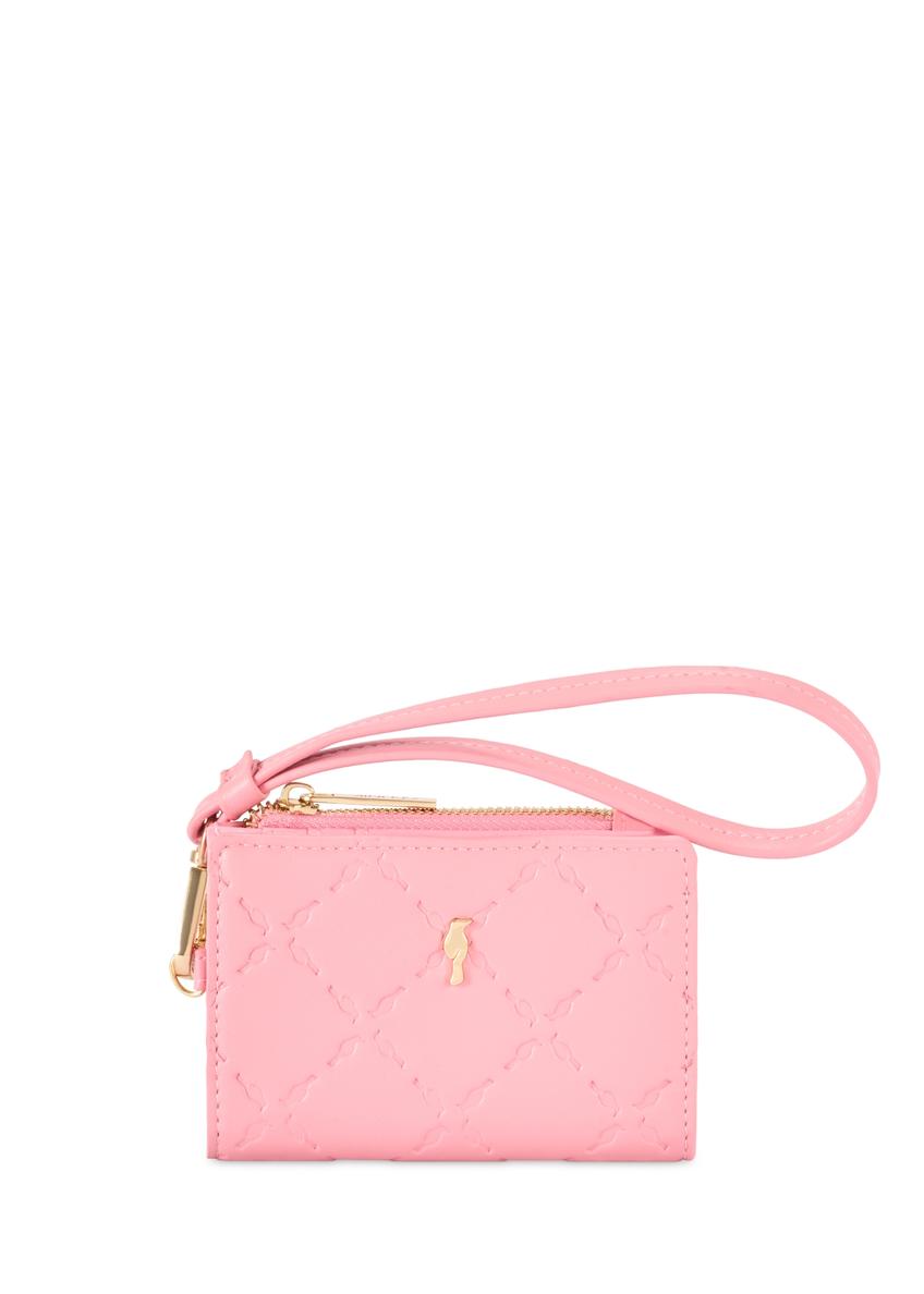 Różowy mały portfel damski z rączką POREC-0407-5B(W26) - widok produktu z przodu, na białym tle.