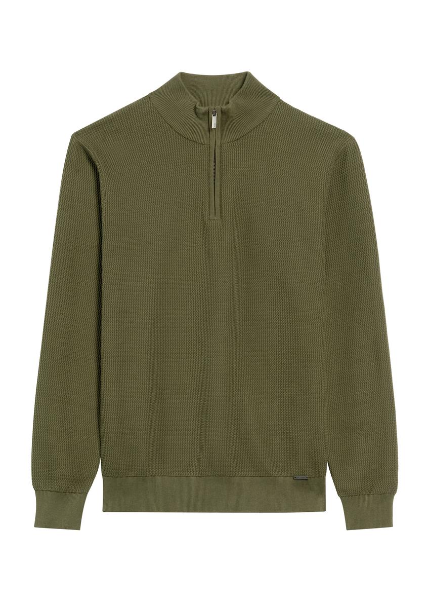 Sweter męski khaki z suwakiem SWEMT-0167-55(Z25), widok produktu z przodu na białym tle.