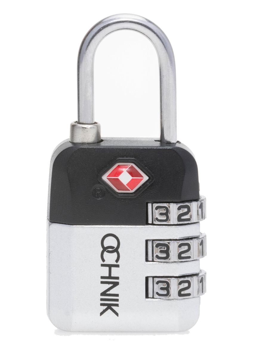 Srebrna szyfrowa kłódka TSA AW-015-0004-92(W25), widok produktu przodem na białym tle.