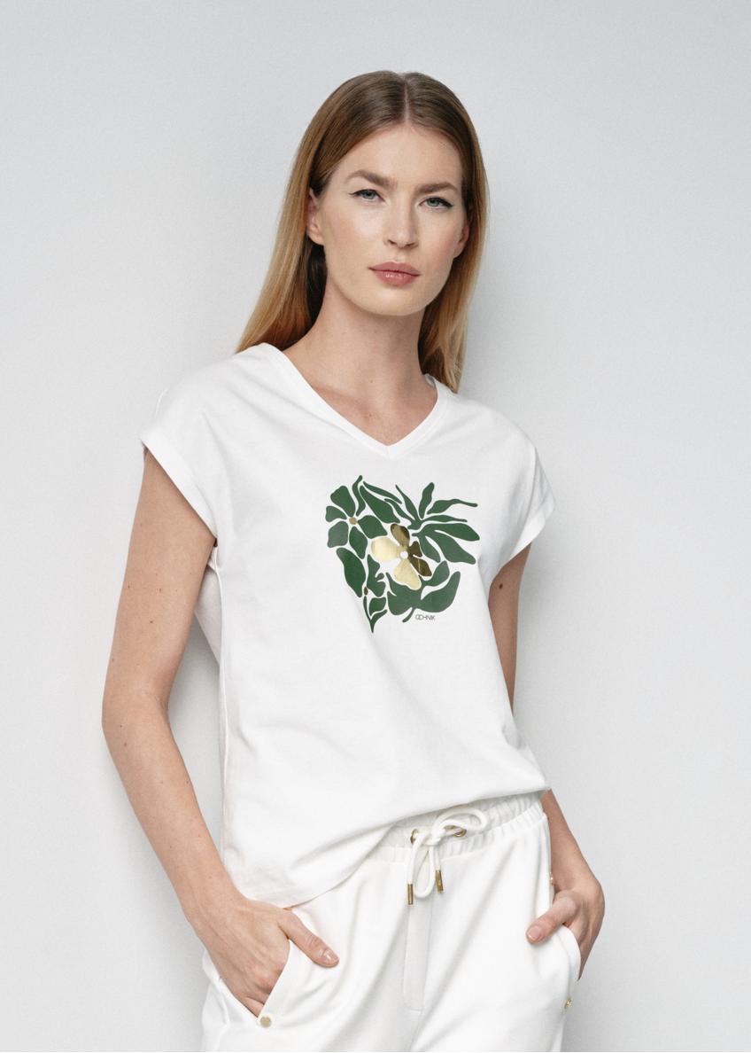 T-shirt damski kremowy z kwiatowym printem TSHDT-0125-12(W24)