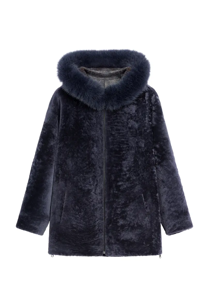 Skórzany dwustronny kożuch damski KOZDS-0094-1397(Z25), widok produktu od przodu na białym tle.