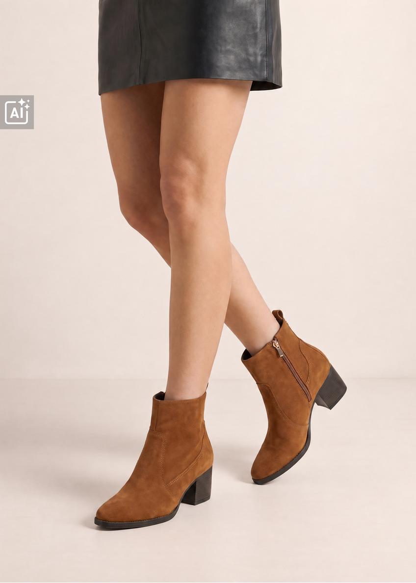 Zamszowe botki damskie w kolorze koniakowym BUTYD-1005A-1F(Z26)