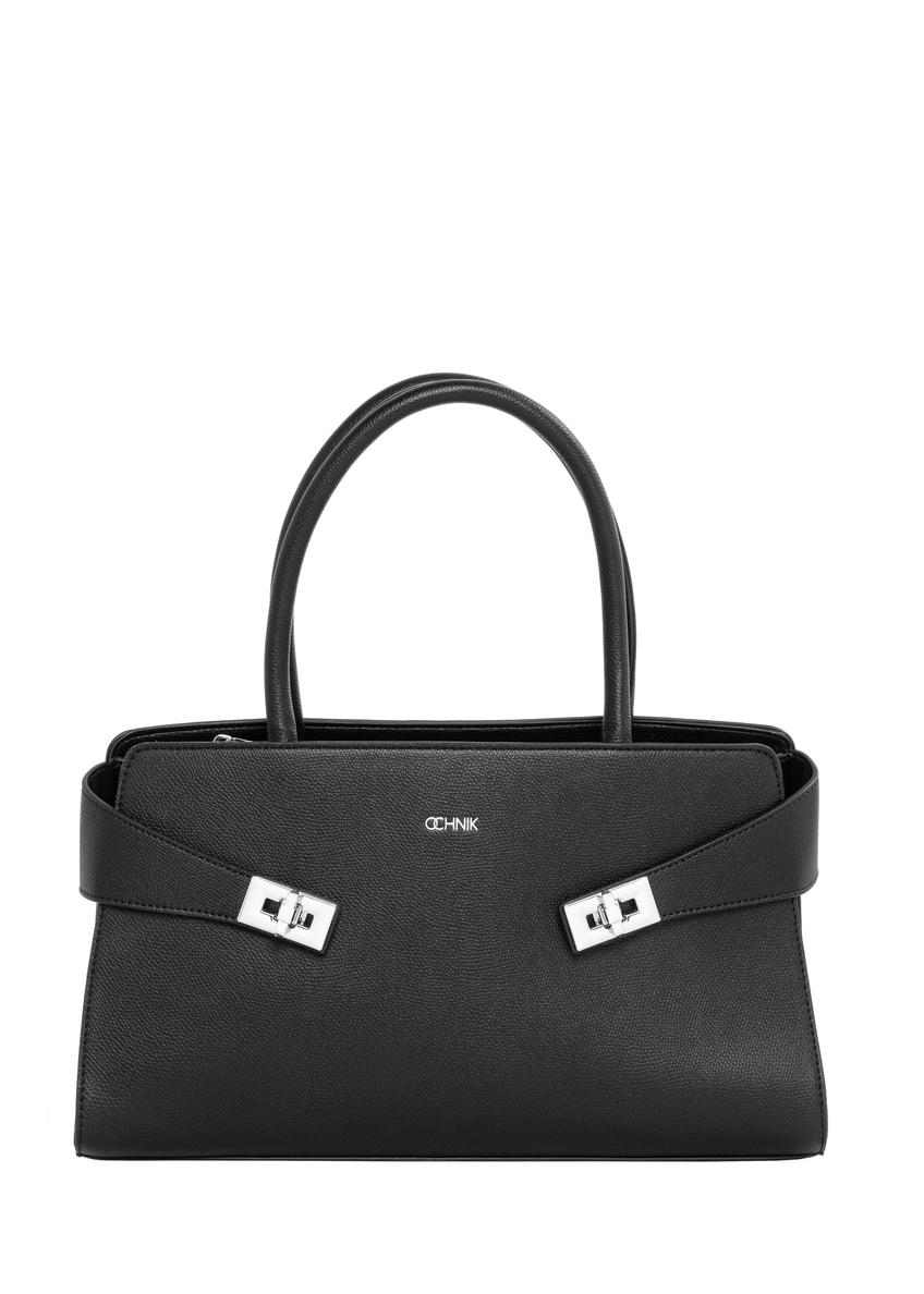Elegancka czarna torebka damska z ozdobnymi zapięciami TOREC-1374-9I(Z26), widok produktu z przodu na białym tle.