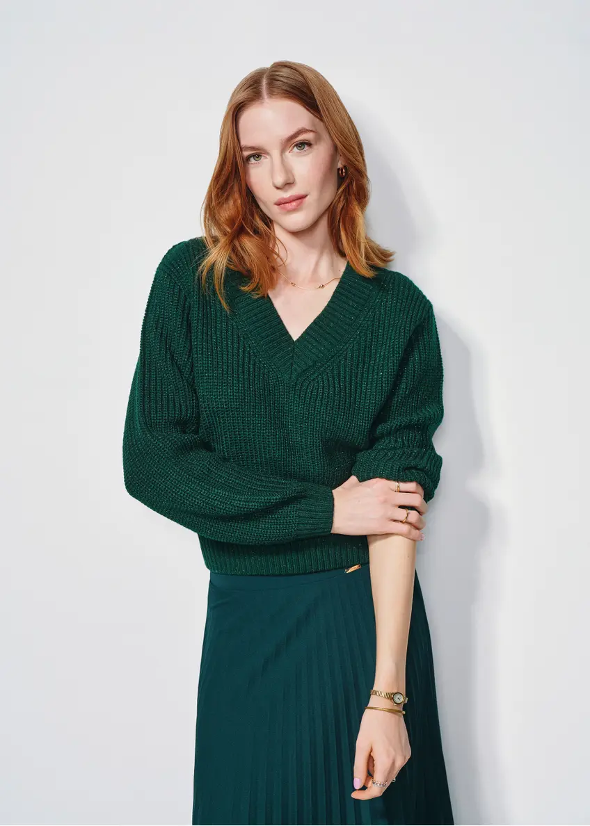 Zielony sweter dekolt V damski SWEDT-0162-54(Z24)-01