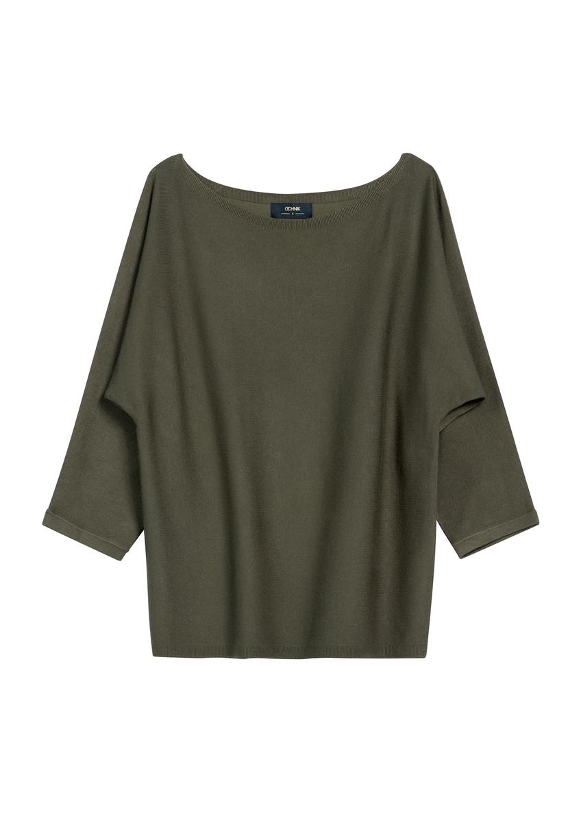 Bluzka damska w kolorze khaki BLUDT-0178-54(Z25), widok produktu od przodu na białym tle.