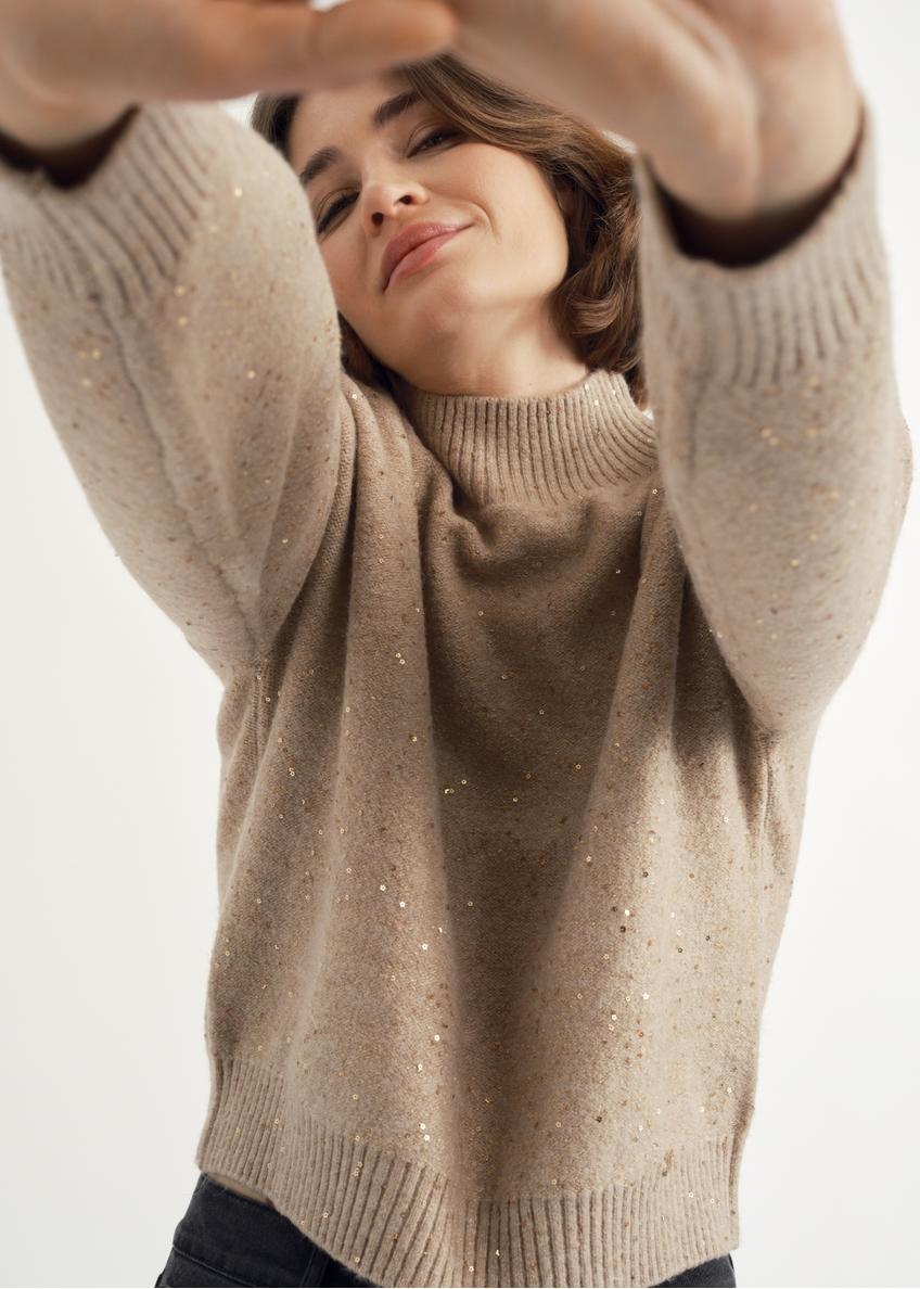 Beżowy sweter damski z cekinami SWEDT-0191-24(Z23)