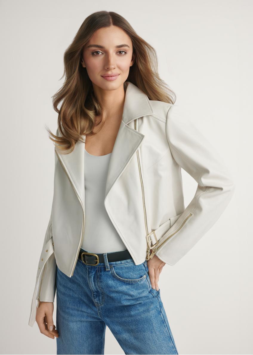 Skórzana ramoneska damska w kolorze kremowym KURDS-0585-0B(W26)