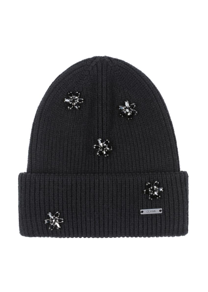 Czarna czapka damska z ozdobami CZADT-0156-99(Z23)-02