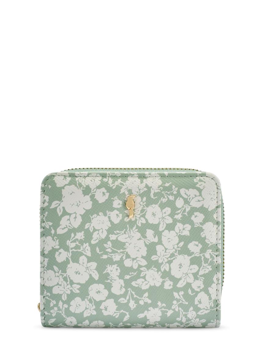 Mały szałwiowy portfel damski w kwiaty POREC-0366-8P(W26) - widok produktu z przodu, na białym tle. 