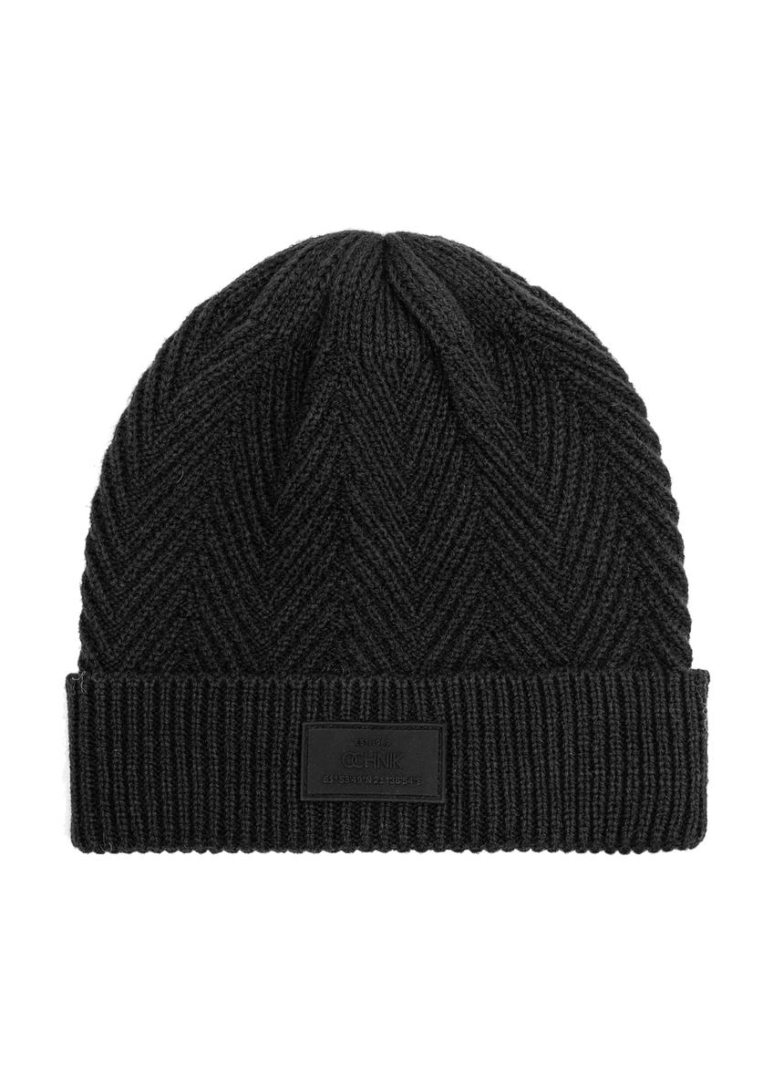 Czarna czapka męska w jodełkę CZAMT-0057-99(Z25)